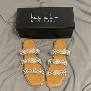 Nicole Miller Tan Sandals with Pearl Accents